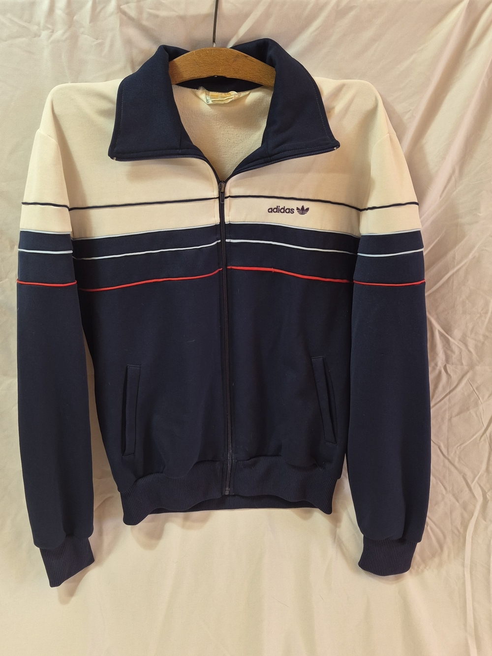 Vintage 80s Adidas Track Jacket Trefoil Firebird Taiwan Multi Stripe Navy Medium